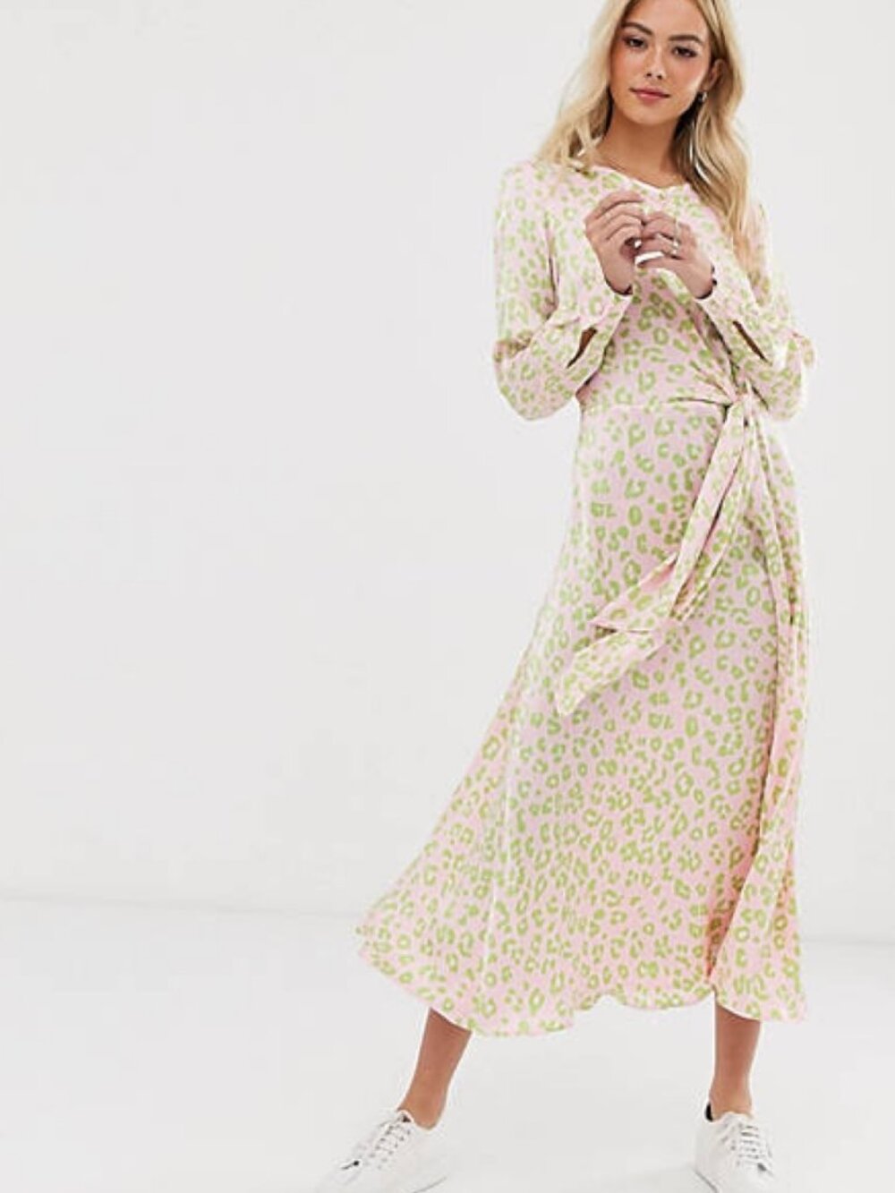 $225 Ghost London Mindy Satin Midi Dress with Green Cheetah Print Dress Size M